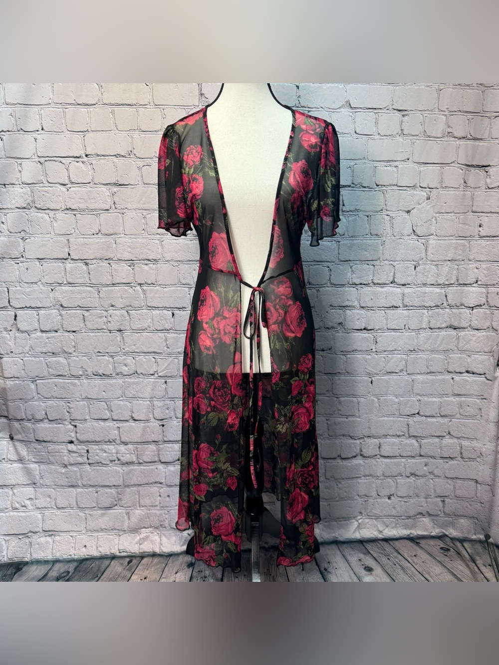 Love by Chelsey Sheer Mesh Tie-Front Maxi Duster Cardigan Black w/ Roses Size L